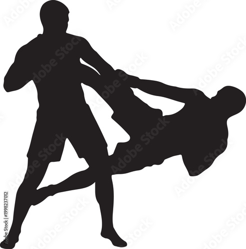 Dynamic silhouette of two figures in intense physical interaction