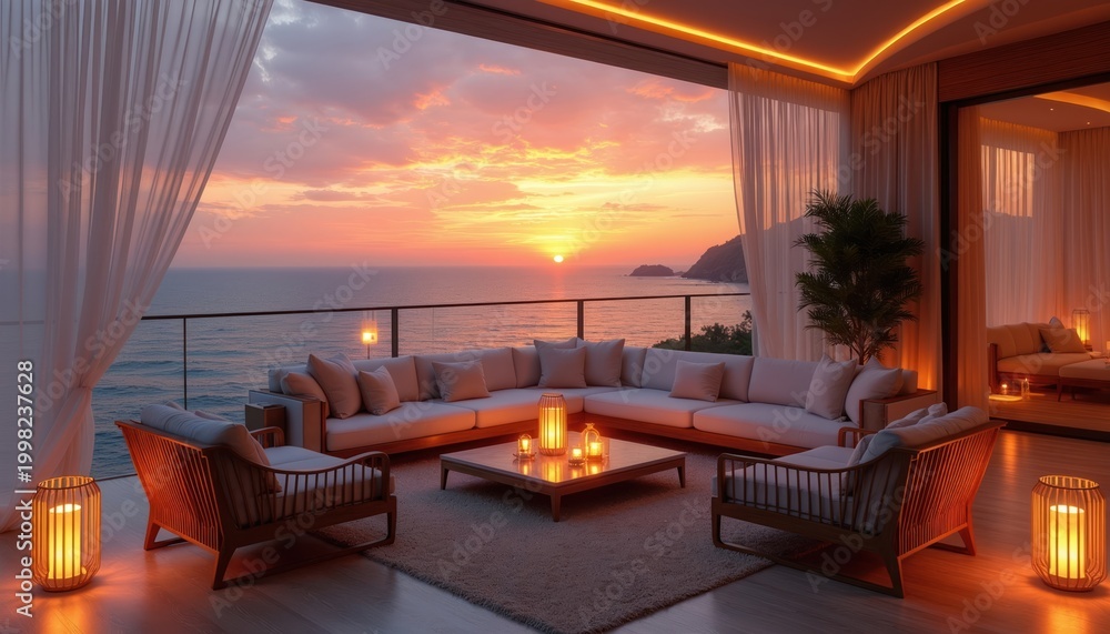 Fototapeta premium Luxury terrace with ocean view at sunset. Comfortable sofa and chairs create a cozy lounge space. Ambient lighting enhances evening relaxation and social gatherings.