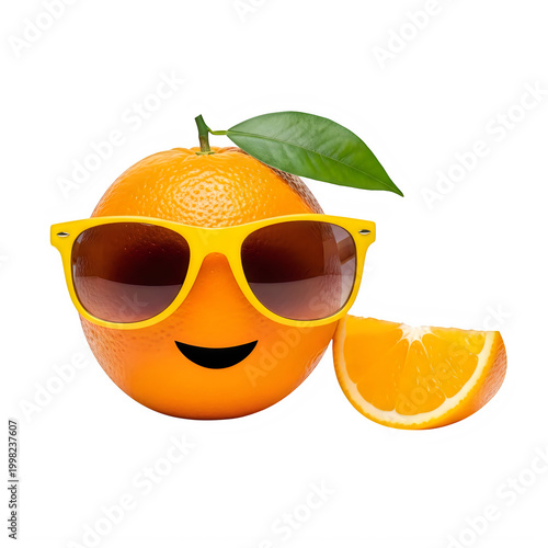 Smiling orange with sunglasses and a slice beside it