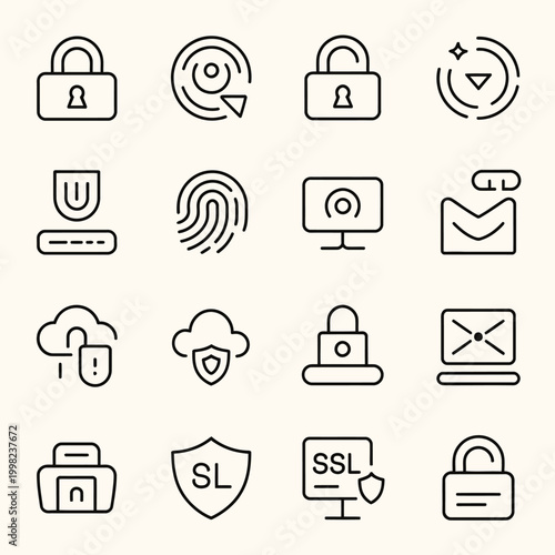 Set of cybersecurity and data protection thin line icons