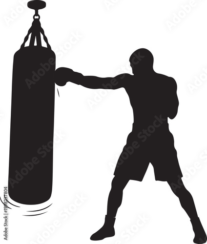 Silhouette of a boxer punching a heavy bag in intense training