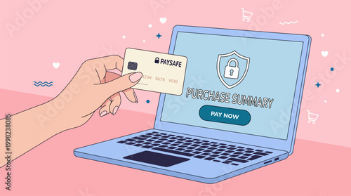 Flat vector illustration of a hand holding a credit card over a laptop for online payment in pastel colors