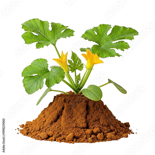 Young zucchini plant with yellow flowers in soil isolated on transparent background