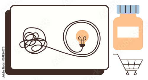 Problem-solving, creativity, innovation, e-commerce, product development, business solutions. Tangled cable leading to a lightbulb, a shopping cart and a bottle. Problem-solving and creativity