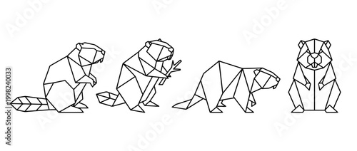 beaver , Geometric Origami line art vector set