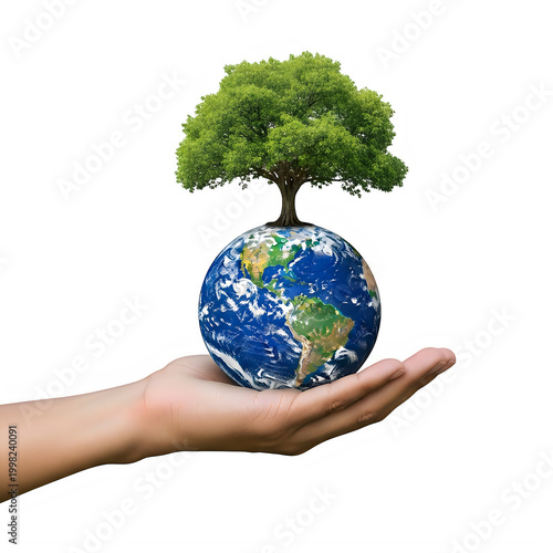 Hand holding a globe with a growing tree