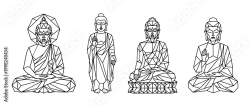 buddha statue , Geometric Origami line art vector set