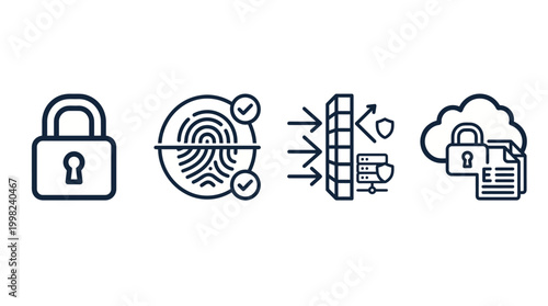 Visual representation of essential digital security concepts, including data protection, biometric authentication, network firewall, and secure cloud storage solutions