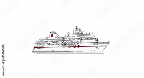Stylized line drawing of a large white passenger ship with red accents
