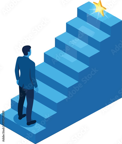 Ascending to Success: A determined figure gazes upwards at a shining star atop a staircase, symbolizing the journey towards achieving ambitions and conquering goals.