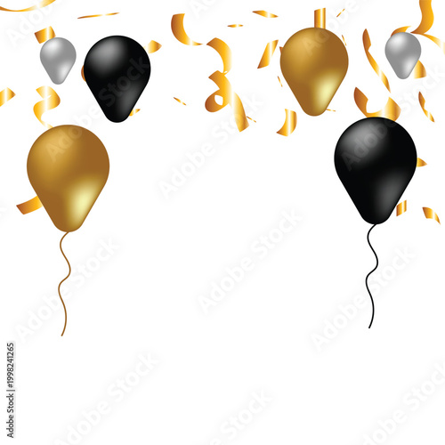 Gold and black balloons on transparent background with confetti, Celebration decoration elements