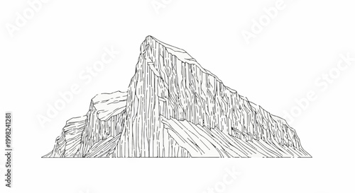 Stylized line drawing of a sharp mountain peak with layered rock formations