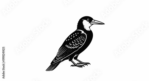 Stylized black and white illustration of a bird with sharp beak and feathered body