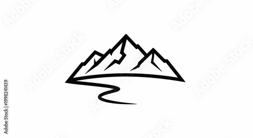 Stylized black and white graphic of jagged mountains reflected in a winding river