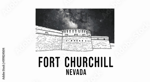 Stylized line drawing of historic stone fortress walls under a starry sky
