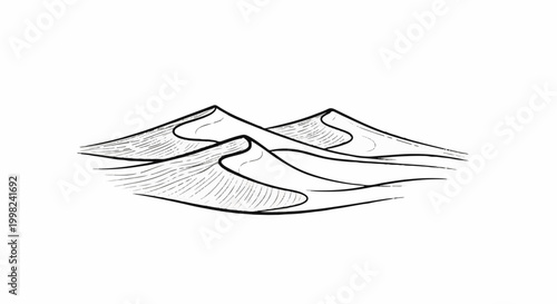 Stylized black and white illustration of rolling sand dunes with textured shading