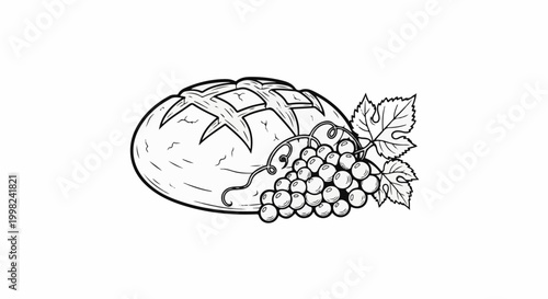 Stylized illustration of a loaf of bread with a bunch of grapes