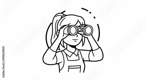Stylized line art of a young person with a ponytail looking through binoculars