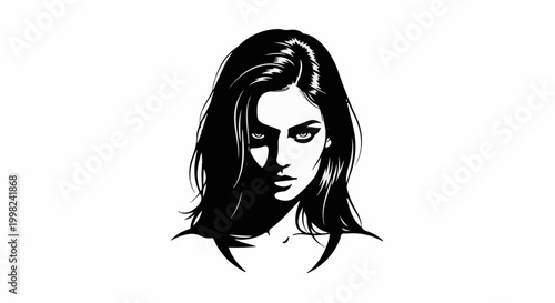 Stylized black and white portrait of a woman's face with striking eyes