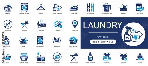 laundry solid icon set. washing, ironing, dry clean, basket, detergent, service, clothes, fabric, water, cleaning. editable vector solid illustration
