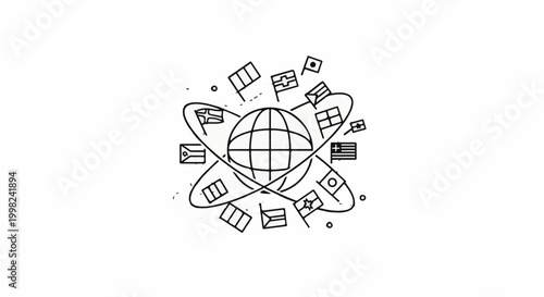 Stylized globe encircled by orbit lines and diverse national flags