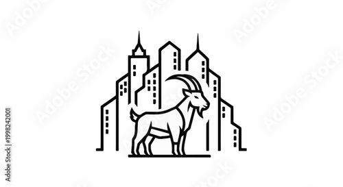 Stylized goat stands before a modern city skyline in a graphic design