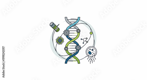 Stylized DNA helix with scientific elements like microchip, molecule, cell
