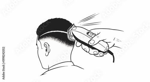 Stylized drawing of a barber's hand using an electric clipper on a man's head