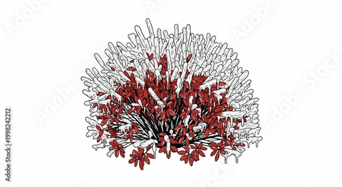 Stylized drawing of a red-leaved bush with frosty white branches and drips