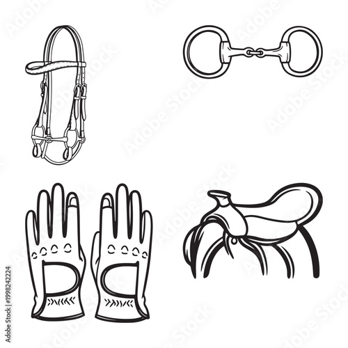 Horse riding equipment set with bridle bit gloves saddle