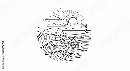 Stylized drawing of a sun, clouds, lighthouse, and crashing ocean waves