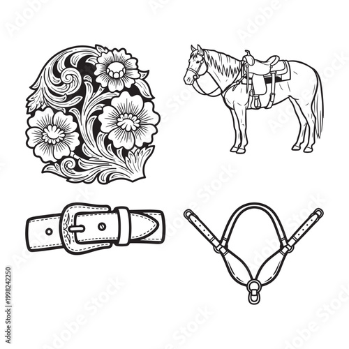 Western horse saddle belt buckle and bridle illustrations