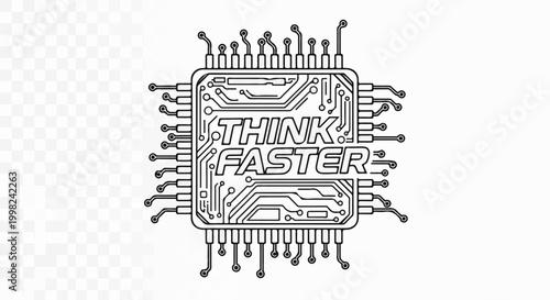 Stylized circuit board graphic with the words "THINK FASTER" in the center