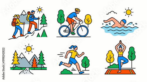 outdoor sports activities, hiking cycling swimming running yoga, active people in nature, minimalist human figures, bright sporty colors, healthy lifestyle icons collection