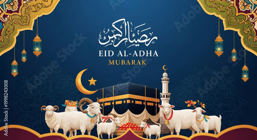 Eid al-Adha Mubarak greeting card with Kaaba sheep crescent moon and lanterns Islamic holiday celebration banner traditional Muslim festival