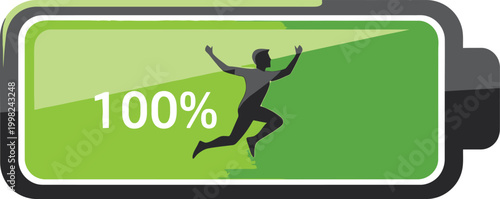 Energy Unleashed: a visual narrative of reaching peak potential, depicting a human figure springing forth from a fully charged battery graphic, symbolizing complete energy levels.
