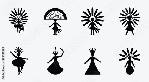 Carnival silhouette icon set featuring dancing figures in traditional costumes in clean black style for festival celebration culture events and party graphics