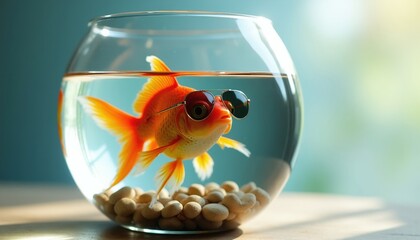 Orange goldfish with sunglasses swims in clear bowl full of water and pebbles. Fish looks cool and relaxed in its home. Light reflects on glass and water. This funny pet poses for camera.