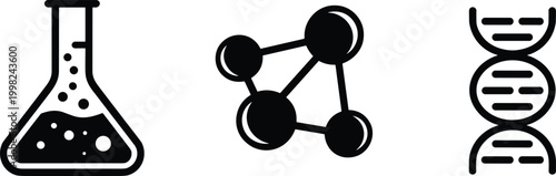Icons of Science and Chemistry Including Flask DNA and Molecule on White Background Keywords: science, chemistry, flask, beaker, liquid, bubbles, molecule, atom