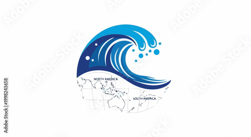 Stylized blue wave crashing over a world map showing continents