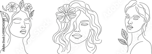 Minimalist Line Art Portraits of Women with Flowers and Leaves on White Background Keywords: line art, woman, female, portrait, face, profile, head, flower, floral