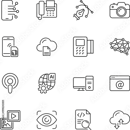 digital technology internet business communication icons, smartphone, cloud, AI, computer, camera, fax machine, POS terminal