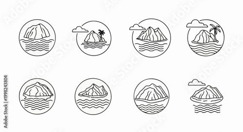 Stylized island icons with mountains and water, some with clouds or trees