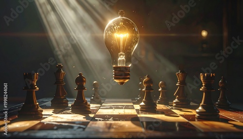 Chessboard Strategy - Lightbulb Idea Illuminating Game Plan for Success.