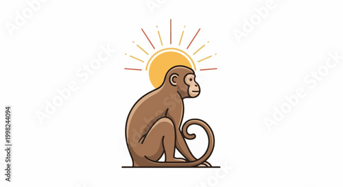 Stylized monkey sits patiently under a radiant sun with warm rays