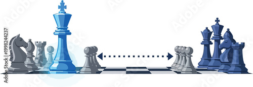 Chessboard strategy: A chessboard displays a strategic standoff between two opposing forces, the king figure dominating the center. symbolizing strategic planning, competition.