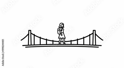 Stylized line art of a person with a backpack crossing a suspension bridge