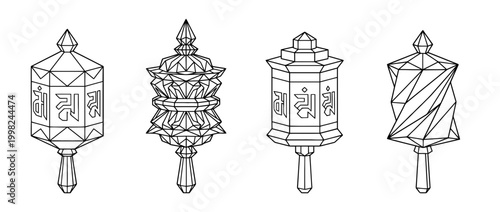 prayer wheel , Geometric Origami line art vector set