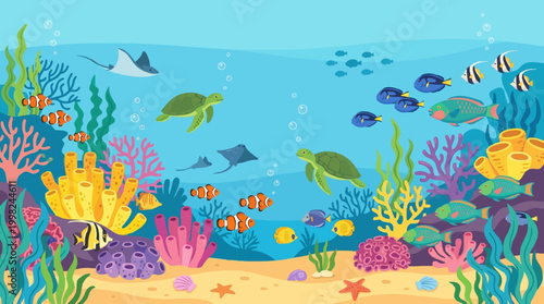 Underwater ocean scene, tropical coral reef, colorful fish schools, sea turtles, seaweed, bubbles, clear blue water, marine life diversity, stylized aquatic plants, peaceful ocean floor