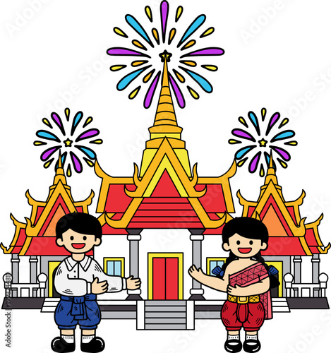 Two Thai children are in front of a Thai temple